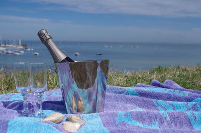 Bottle of champagne in ice bucket with flutes and seashells on picnic blanket against sea