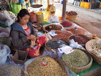 High angle view of food for sale in market