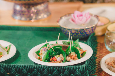 High angle view of food served on table