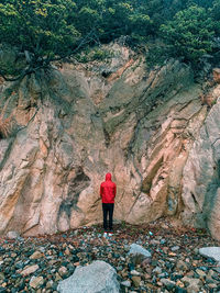 Rear view of woman standing on rock