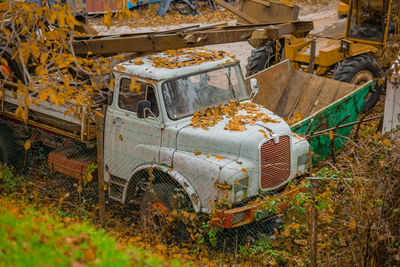 Abandoned car on field