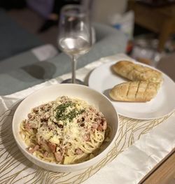 High angle view of food served on table