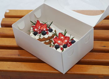 High angle view of fruits in box on table