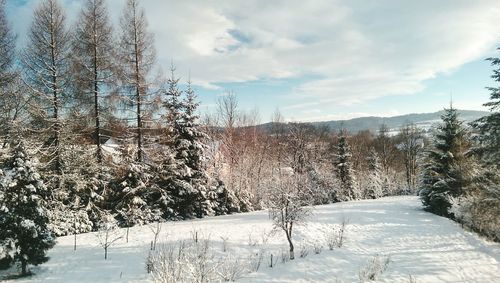 Snow covered field against cloudy sky