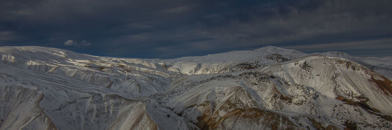 Snow covered mountains against cloudy sky