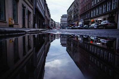 Reflection of buildings in puddle