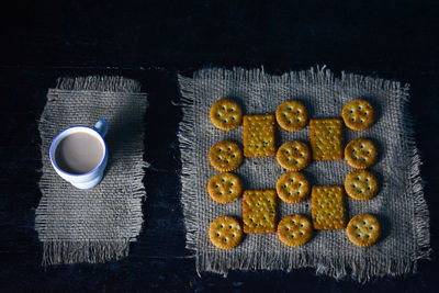 High angle view of coffee cups on table