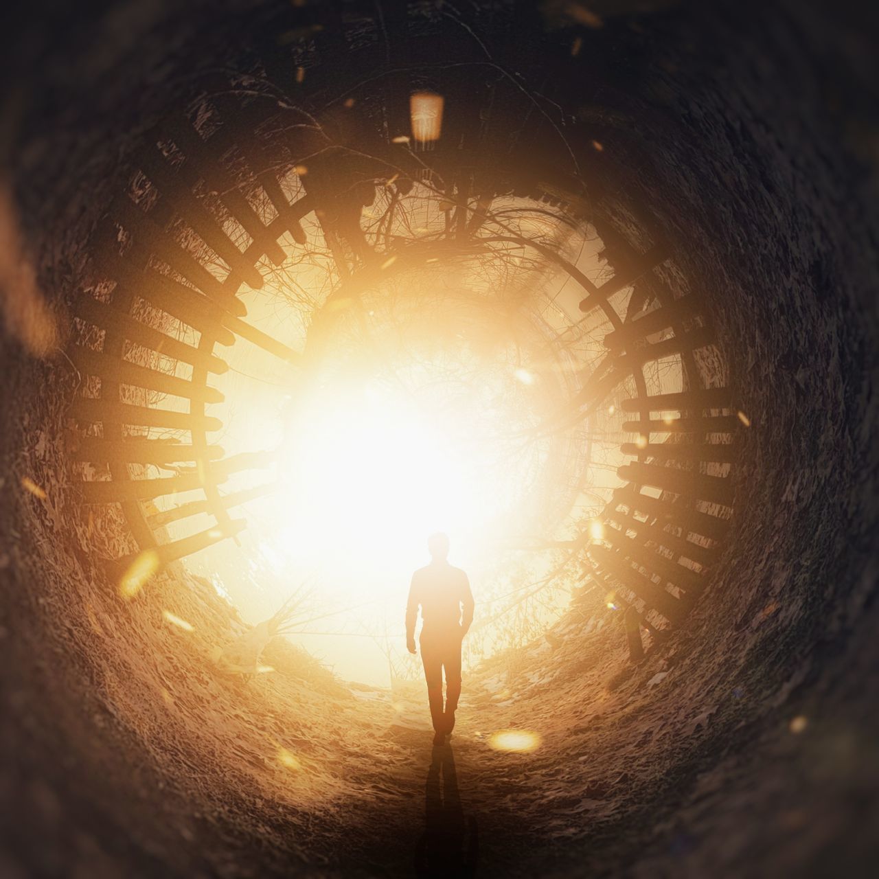 REAR VIEW OF MAN STANDING IN TUNNEL AT SUNNY DAY