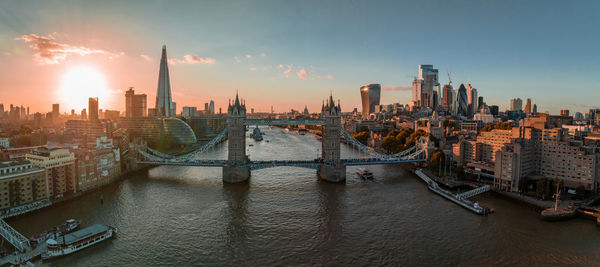 Aerial view of the london tower bridge at sunset.