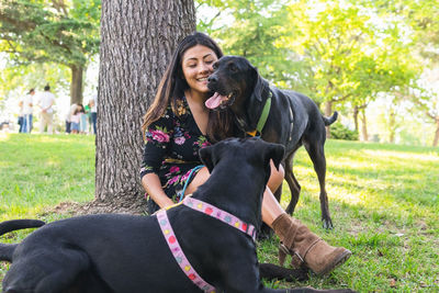 Excited female owner sitting resting on lawn near tree trunk with black labrador retriever dogs on sunny summer day in park