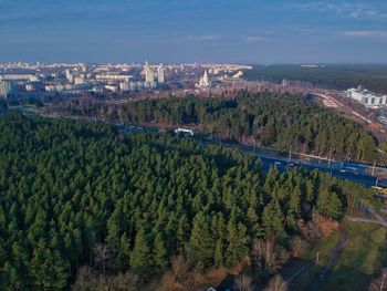 High angle view of trees in city against sky