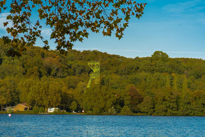 Scenic view of lake by trees against sky
