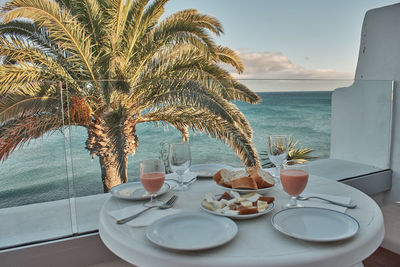 Palm tree by sea against sky