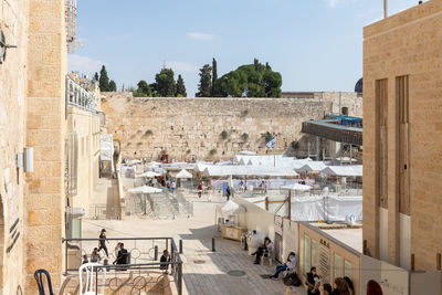 High angle view of people at historic building