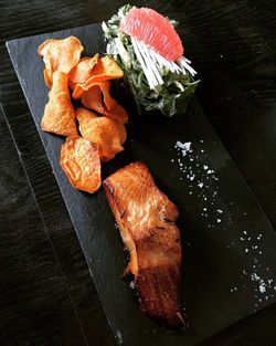 High angle view of fresh food served on table