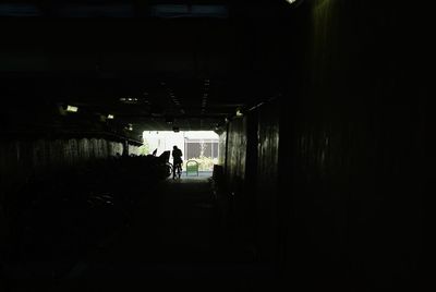 Silhouette people walking in illuminated tunnel