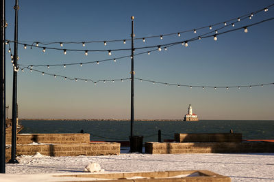 Low angle view from lakefront shore of a lighthouse on lake michigan 