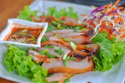 Close-up of meal served on table