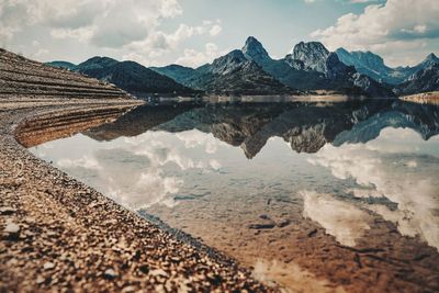 Scenic view of lake and mountains against sky