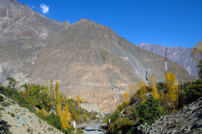 Panoramic view of rocky mountains against clear blue sky