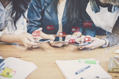 High angle view of people on table