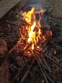 High angle view of bonfire at night