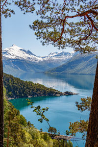 Scenic view of lake and mountains against sky