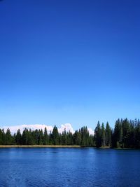 Scenic view of lake against clear blue sky