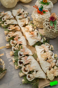 High angle view of white decorations on table