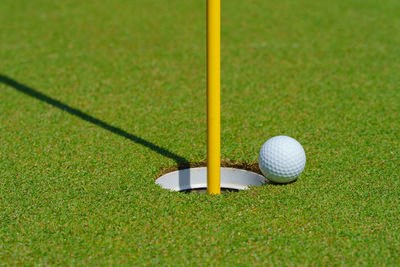 Golf ball on lip of cup at golf court.