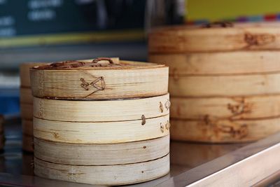 Close-up of stack on wooden table