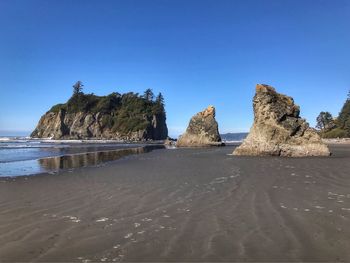 Scenic view of beach against clear blue sky