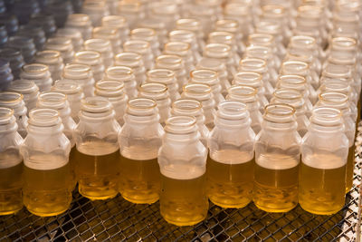 Close-up of glass bottles on table