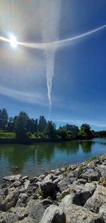 Scenic view of lake against sky on sunny day