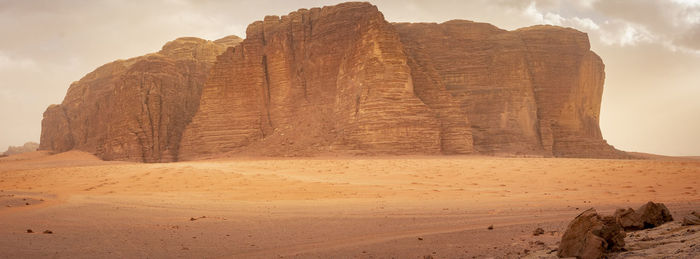 Panorama of khazali mountain in the desert of wadi rum, jordan.