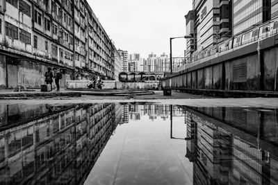 Reflection of buildings in puddle on street