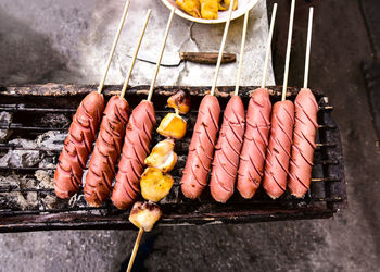 High angle view of vegetables on barbecue grill