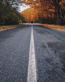 Rear view of man walking on road during autumn