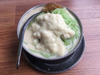 High angle view of food in bowl on table