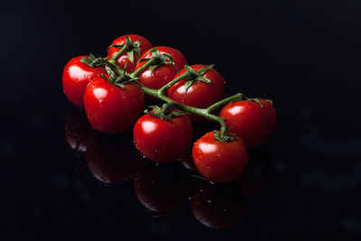 Close-up of wet tomatoes against black background