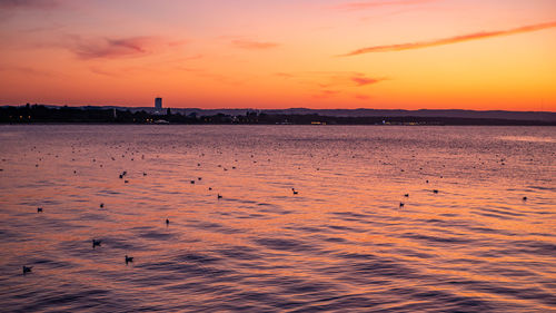 Scenic view of sea against orange sky