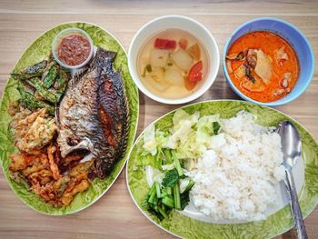 High angle view of meal served on table