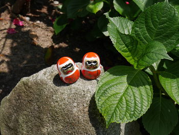 Figurines on rock by plants