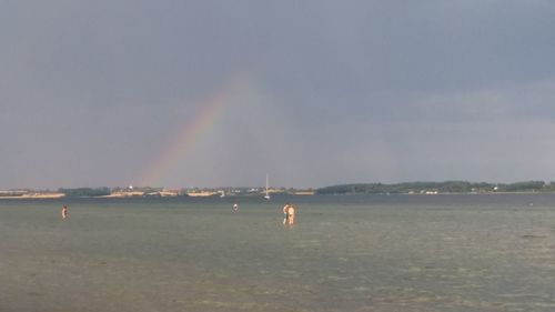 Scenic view of sea against rainbow in sky