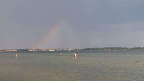 Scenic view of sea against rainbow in sky