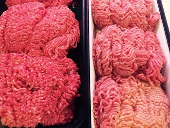 Close-up of minced beef for sale at butcher shop