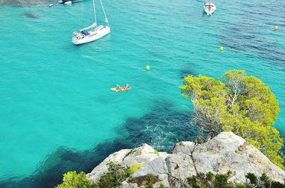 High angle view of boats on sea