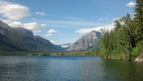 Scenic view of lake by mountains against sky