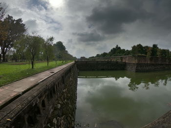 Reflection of trees in lake against sky