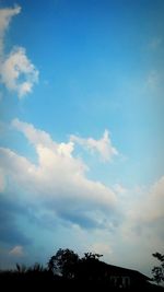 Low angle view of trees against cloudy sky